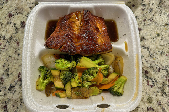 a food in a styrofoam container
