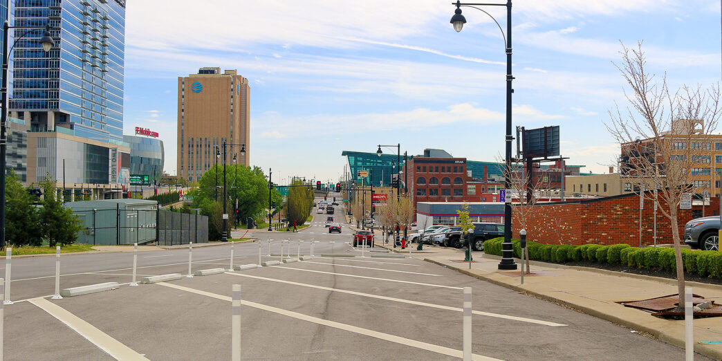 a street with a crosswalk in a city