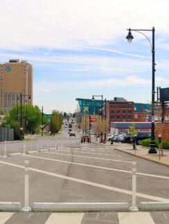 a street with a crosswalk in a city