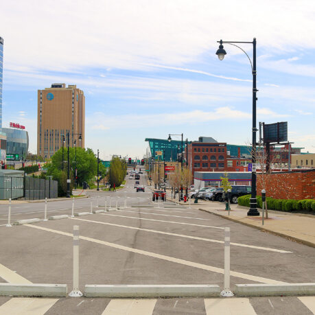 a street with a crosswalk in a city