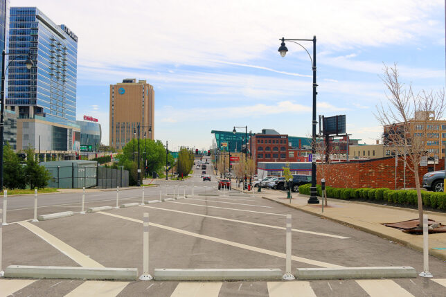 a street with a crosswalk in a city