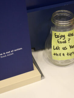 a glass jar with a note on it