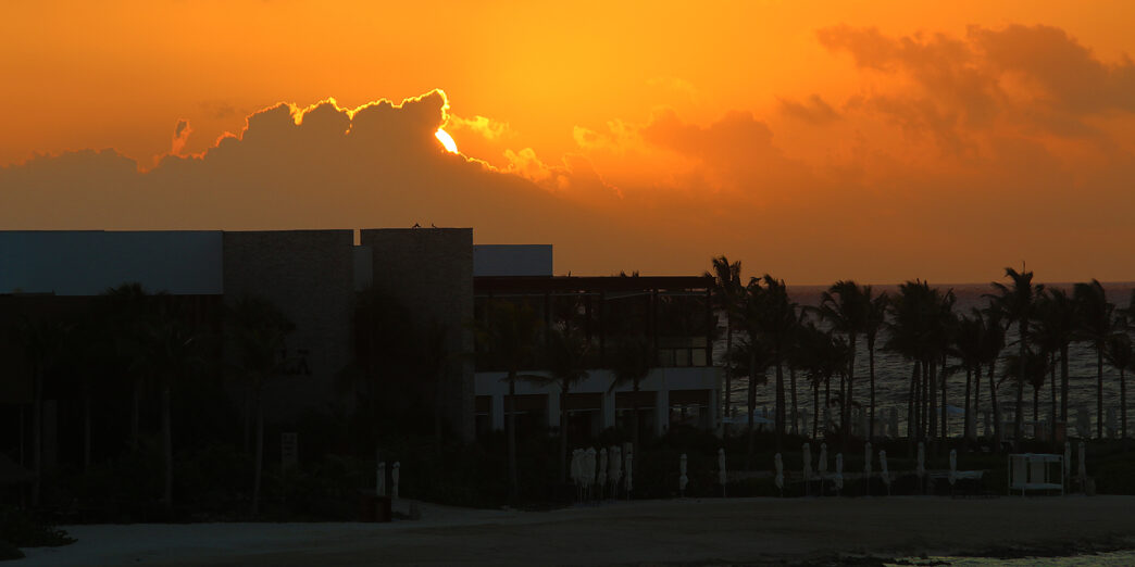 a building with palm trees and a beach in the background