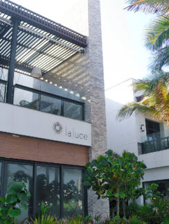 a building with palm trees and a roof