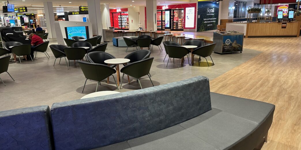 a large room with tables and chairs