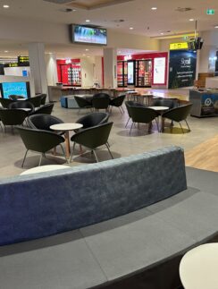 a large room with tables and chairs