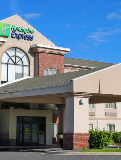 a building with a flag in front of it