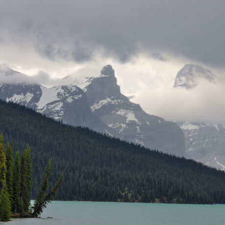 a lake with trees and mountains in the background