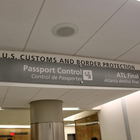 a sign on the ceiling of a building