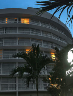 a building with palm trees