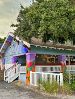 a house with a white railing and a tree
