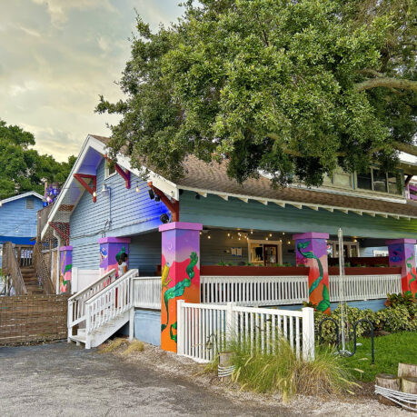 a house with a white railing and a tree