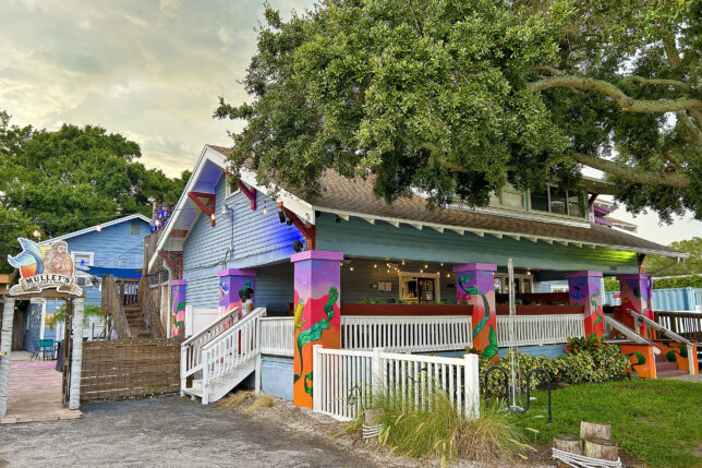 a house with a white railing and a tree