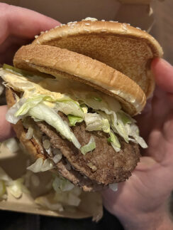 a person holding a burger