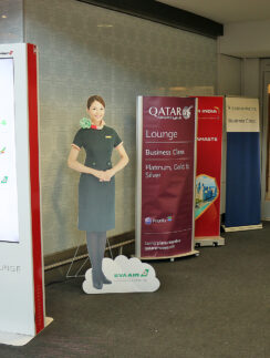 a group of signs in a room