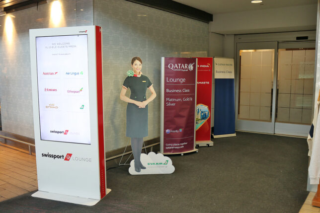 a group of signs in a room