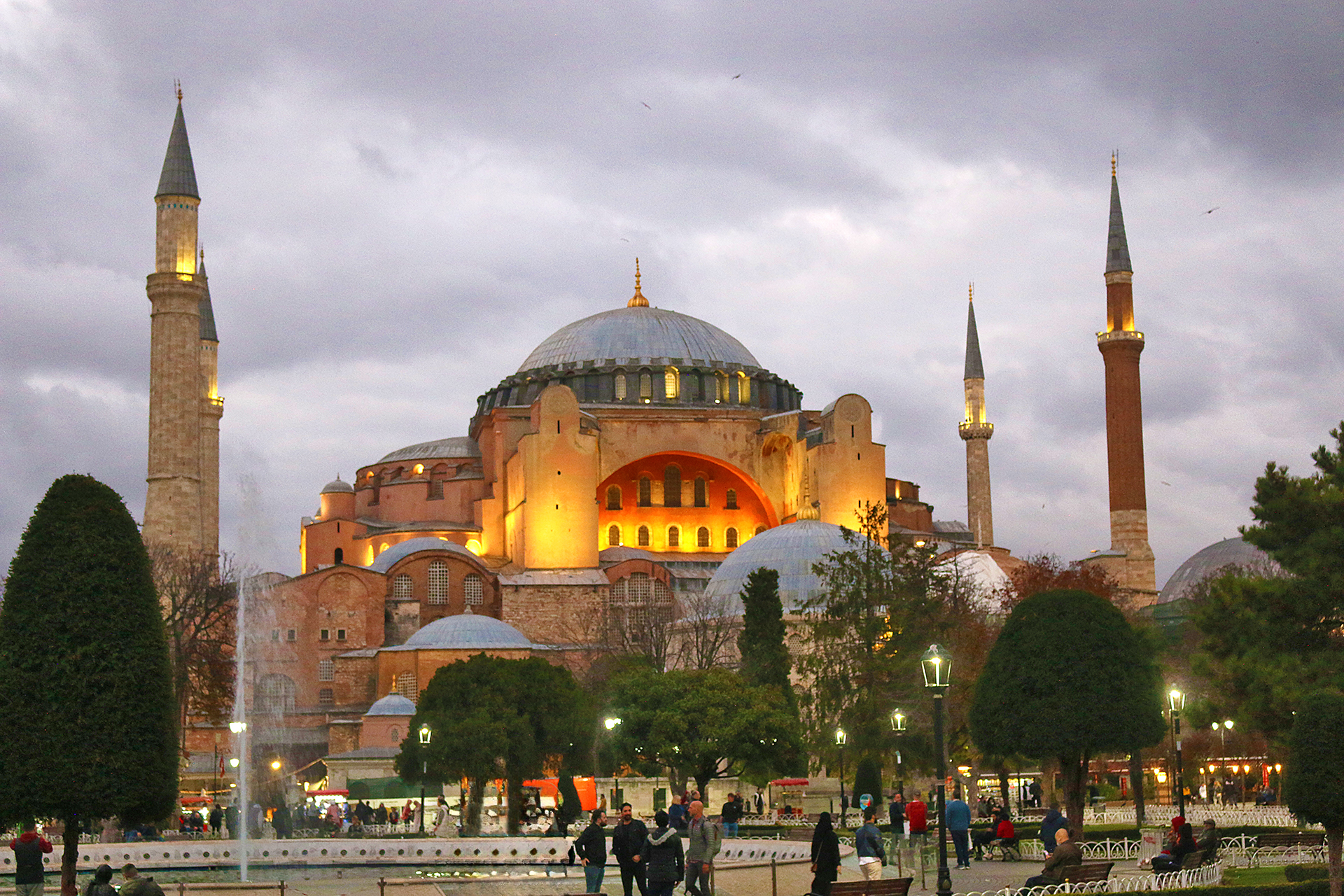 a large building with a dome and towers with Hagia Sophia in the background