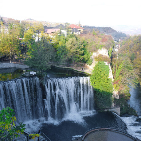 a waterfall surrounded by trees
