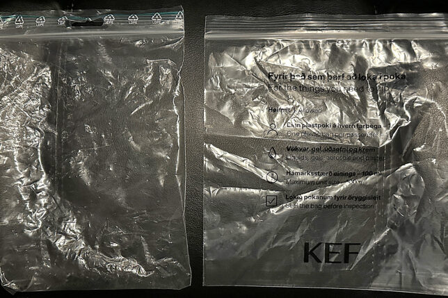 a plastic bag with black text