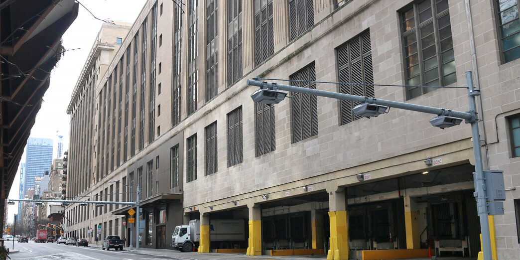 a street with a large building
