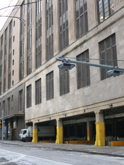 a street with a large building