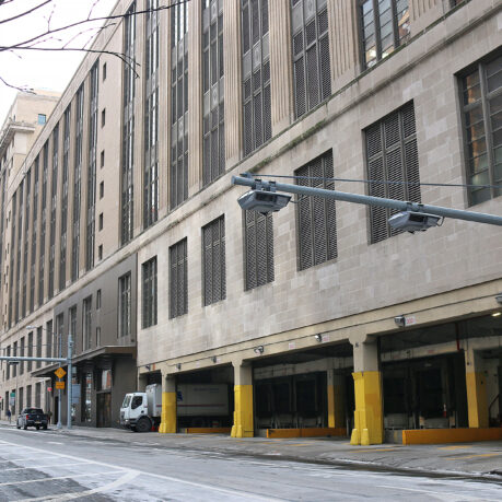 a street with a large building