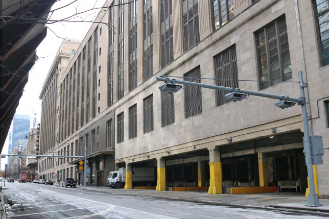 a street with a large building