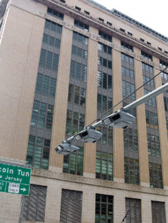 a street sign and a building