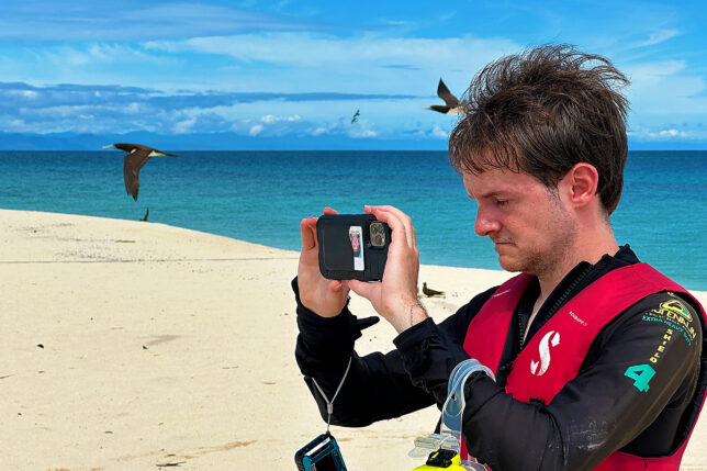 a man taking a picture of a bird on a beach