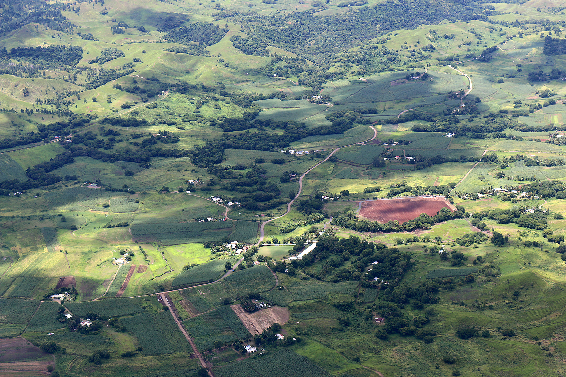 an aerial view of a green landscape