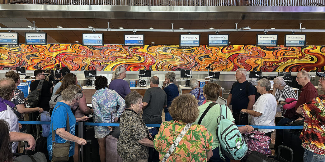 a group of people standing in a line