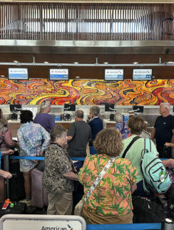 a group of people standing in a line