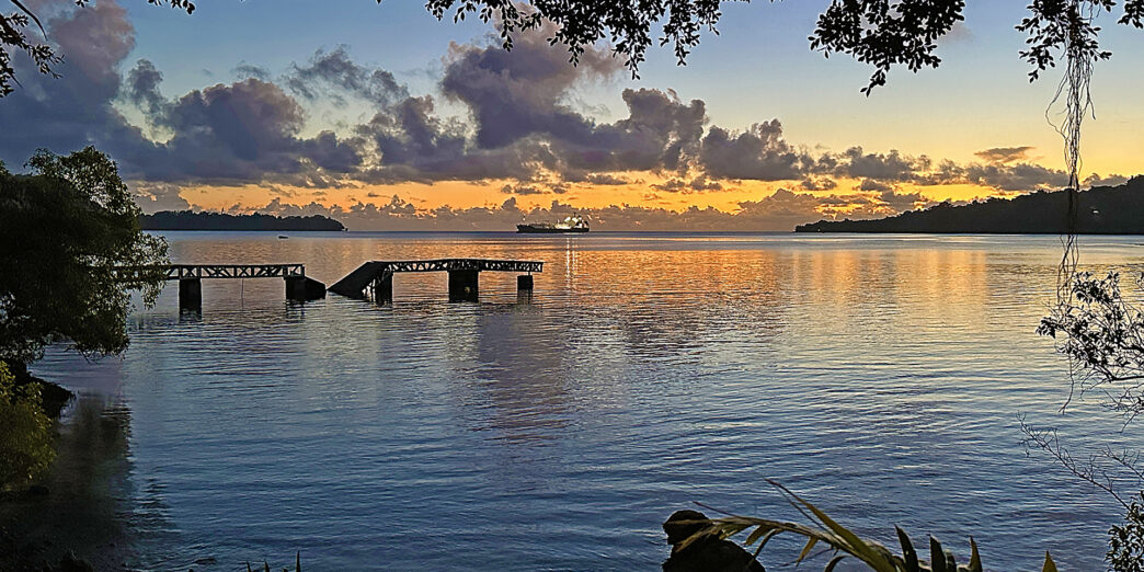 a bridge over water with trees and a boat in the distance