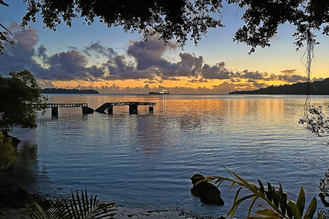 a bridge over water with trees and a boat in the distance