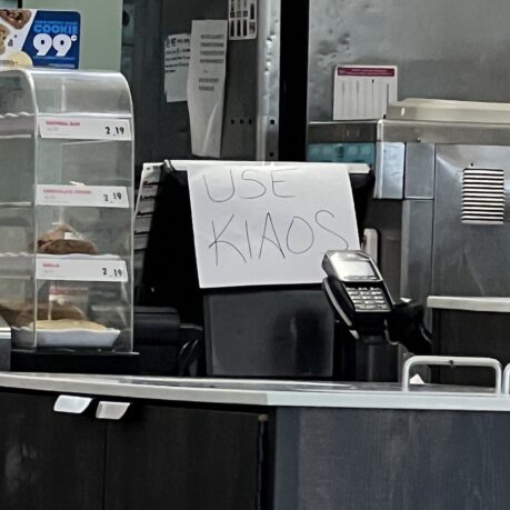 a sign on a counter
