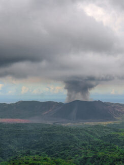 a volcano erupting in the middle of a forest