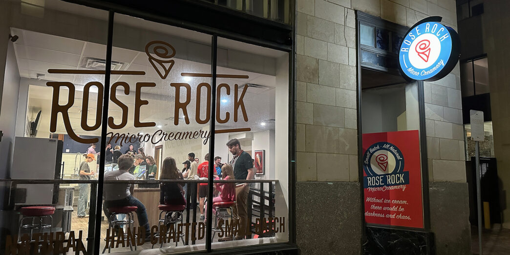 a building with a sign on the window