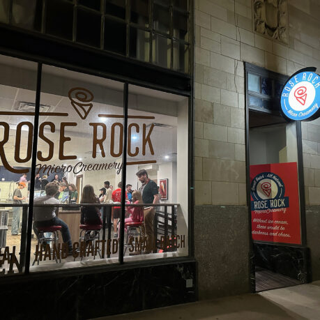 a building with a sign on the window