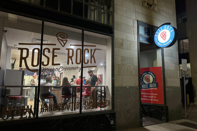 a building with a sign on the window