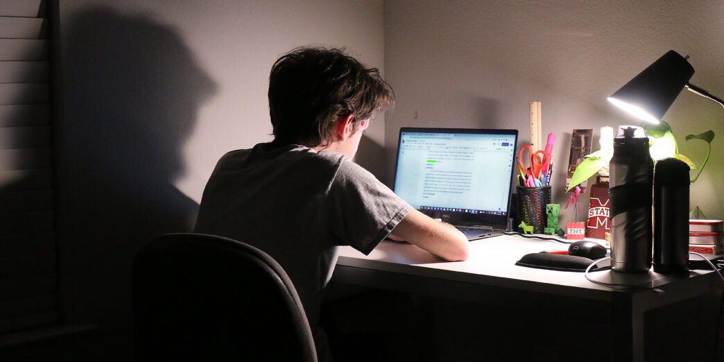 a person sitting at a desk using a laptop