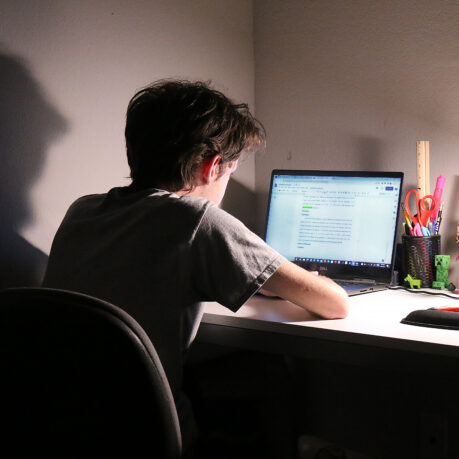 a person sitting at a desk using a laptop