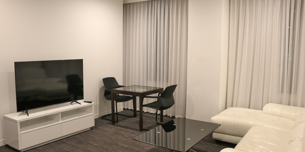 a room with a tv and couches