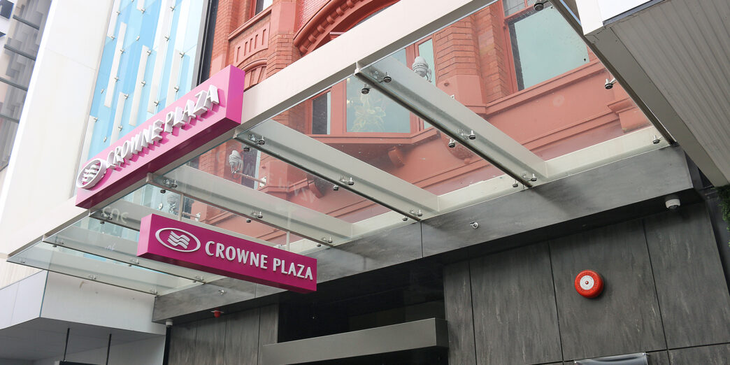 a glass awning over a building