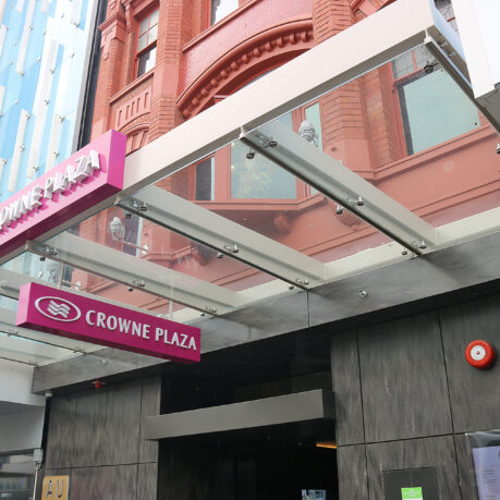 a glass awning over a building