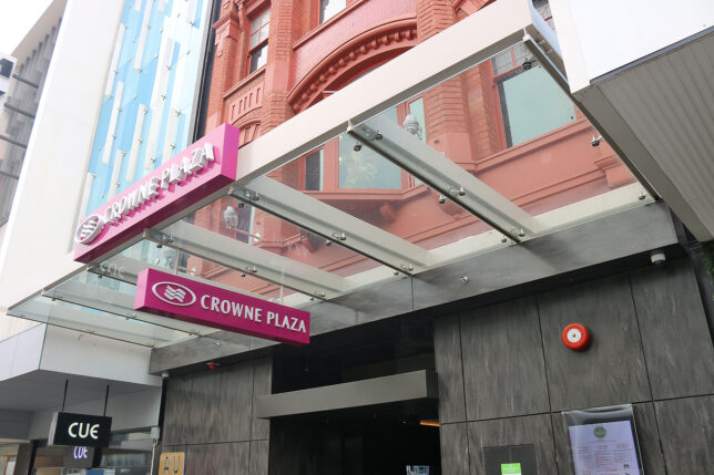 a glass awning over a building
