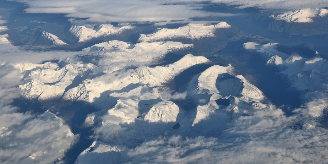 aerial view of snowy mountains