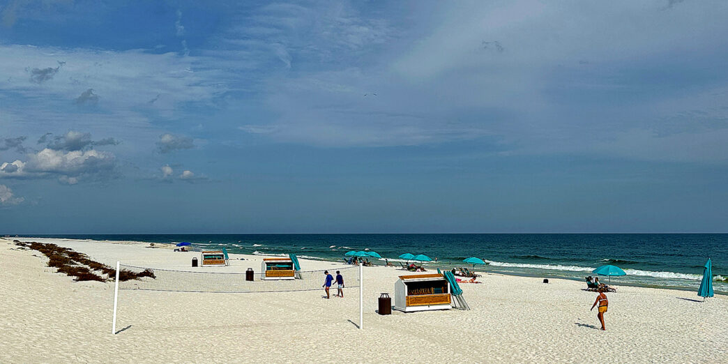 people on a beach with people and umbrellas