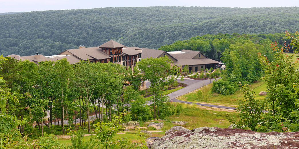 a building surrounded by trees