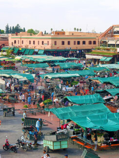 a large square with tents and people in it