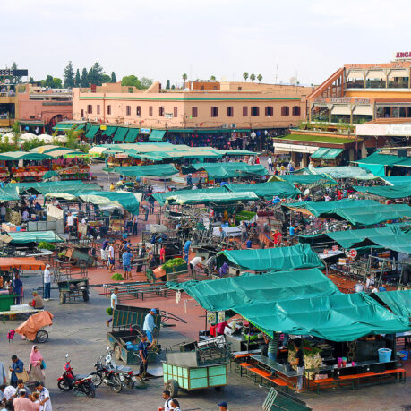 a large square with tents and people in it